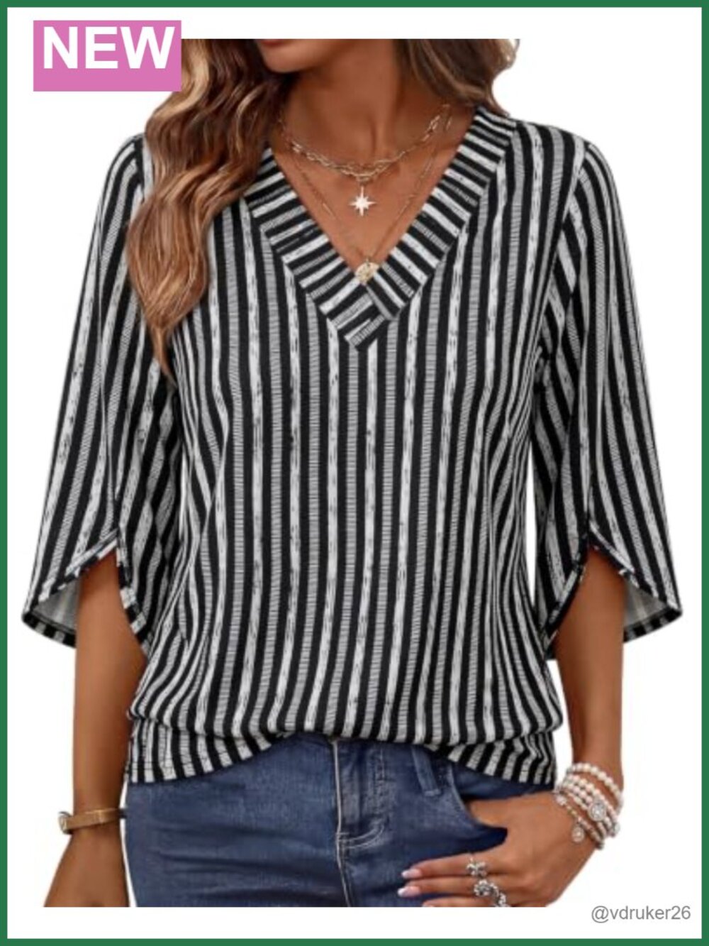 Womens V Neck Blouse 3/4 Bell Sleeve Top Dressy Casual Summer Shirt